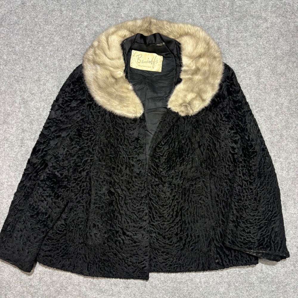 Vintage Benioffs San Francisco Persian Lamb Fur Jacket Black Mink Collar Coat